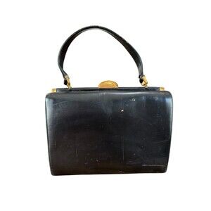 Vintage 60s Coblentz Black Genuine Leather Frame Handbag Purse Evening Cocktail
